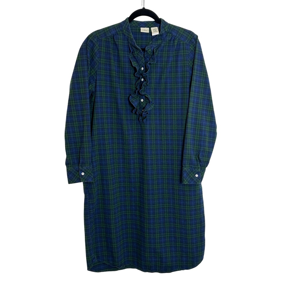 L.L. Bean Plaid Ruffle Neck Long Sleeve Flannel Shirt Dress Size M Blue Green